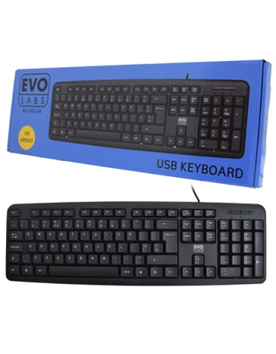 Evo Labs KD-101LUK Wired Keyboard, USB Plug and Play, Full Size, Qwerty UK Layout, Ideal for Home or Office, Black